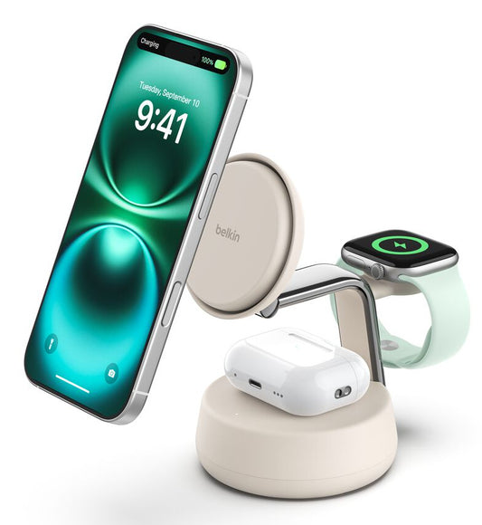 Belkin - Station de recharge 3-en-1 avec MagSafe - Qi2 25W - Sable
