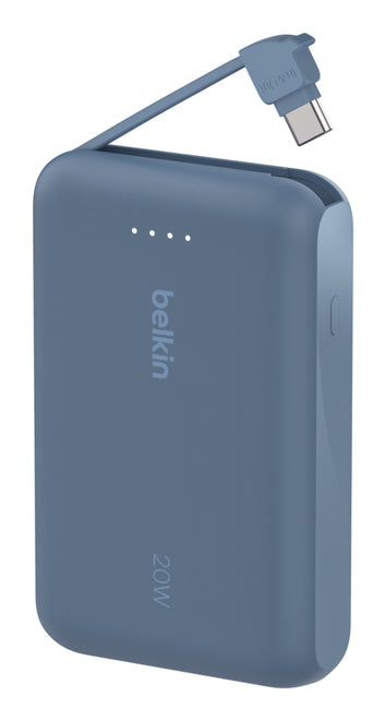 Belkin - Batterie externe 10K, avec câble USB-C intégré - PD20W - Bleu