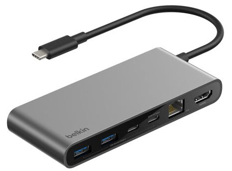 Belkin - Hub 8-en-1 - 2 USB-A, 1 USB-C, 1USB-C PD100W, 1 RJ-45, 1 HDMI 4K, 1 carte SD et 1 micro SD - Gris