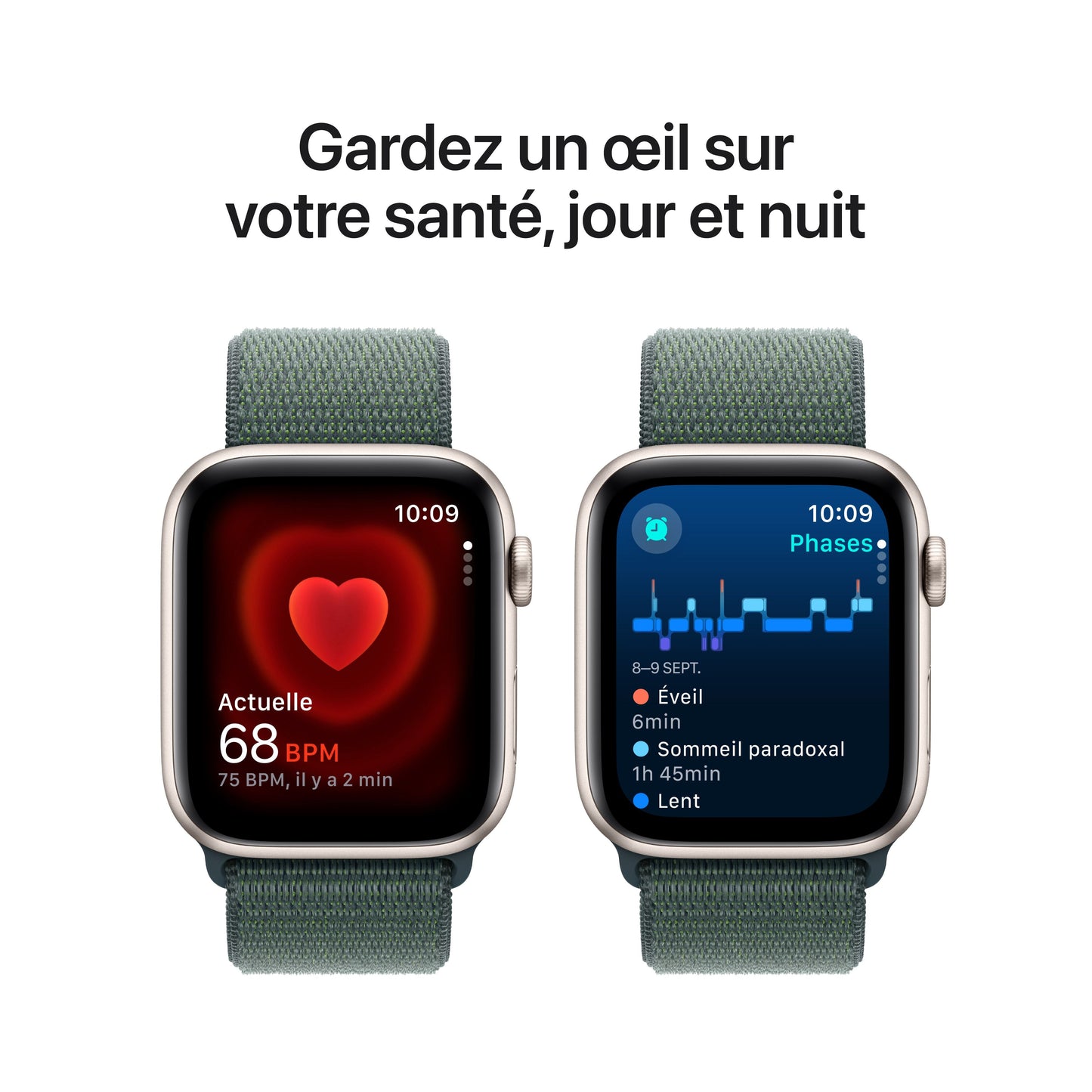 Apple Watch SE 2 - GPS - 44 mm - Boitier aluminium Lumière Stellaire - Boucle Sport Vert foncé