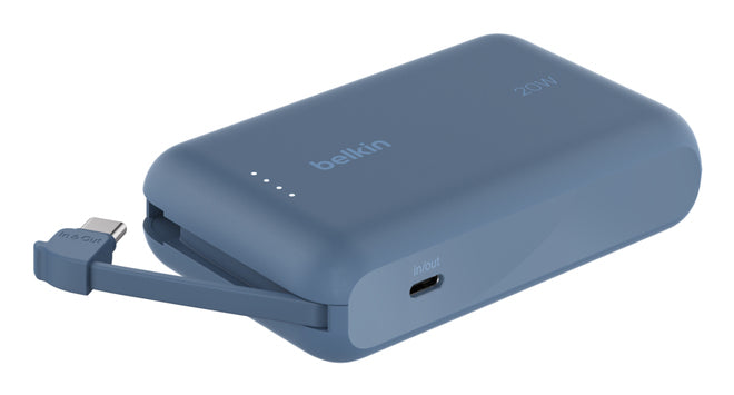 Belkin - Batterie externe 10K, avec câble USB-C intégré - PD20W - Bleu