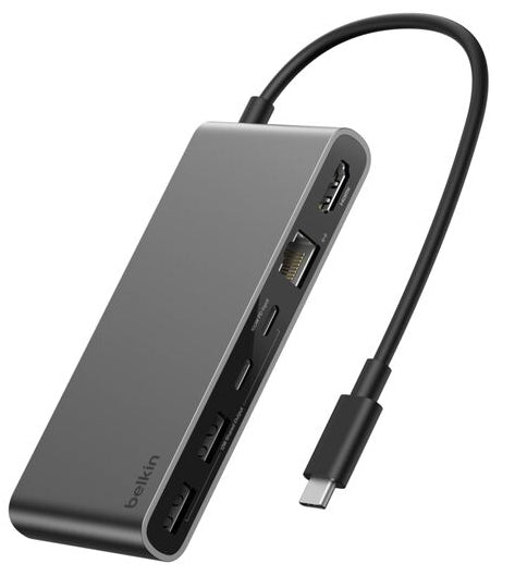 Belkin - Hub 8-en-1 - 2 USB-A, 1 USB-C, 1USB-C PD100W, 1 RJ-45, 1 HDMI 4K, 1 carte SD et 1 micro SD - Gris