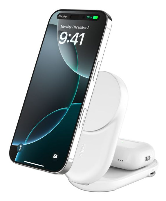 Belkin - Socle de recharge 2-en-1 aimanté et pliable - Qi2 25W - Blanc