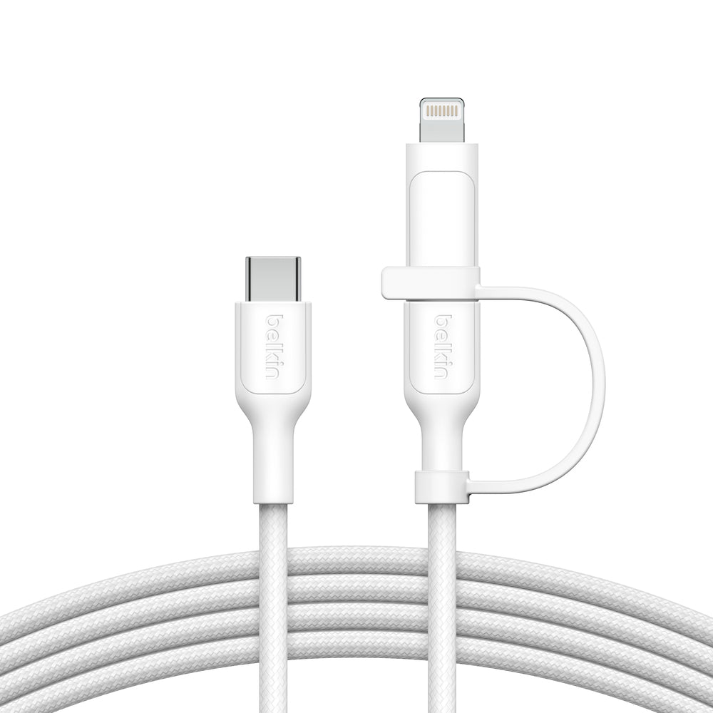 Belkin - Câble 2-en-1 tressé - USB-C vers USB-C/Lightning (60W) - 1,5 m - Blanc