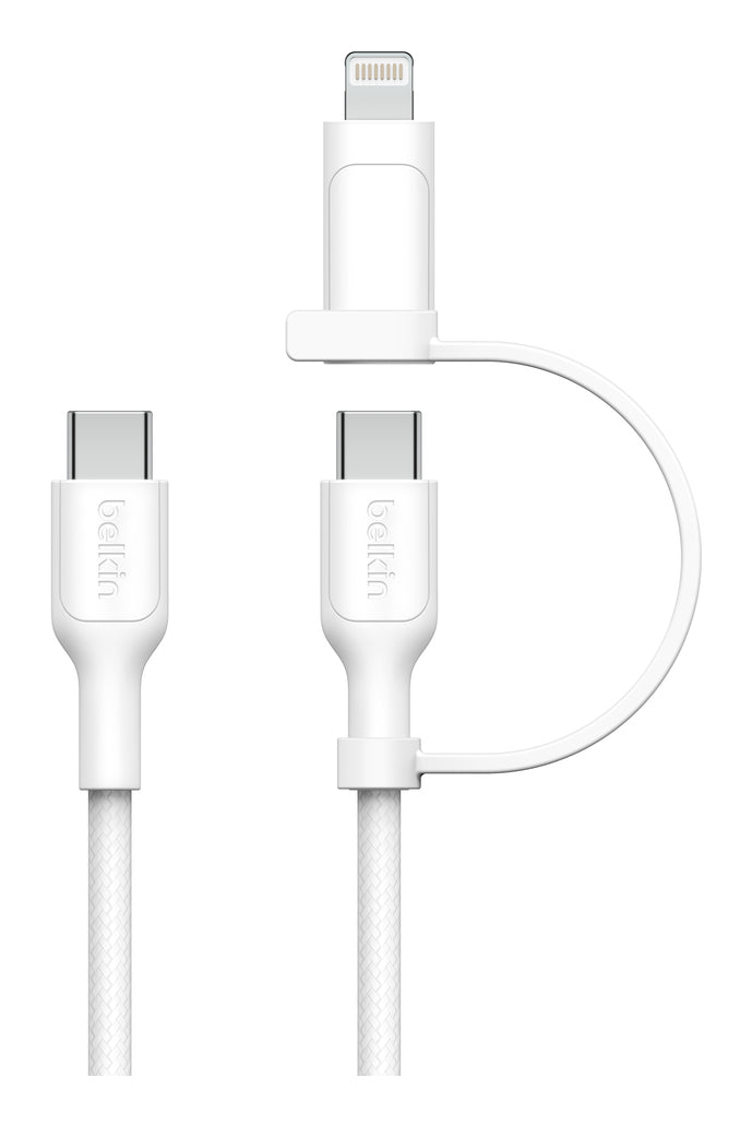 Belkin - Câble 2-en-1 tressé - USB-C vers USB-C/Lightning (60W) - 1,5 m - Blanc