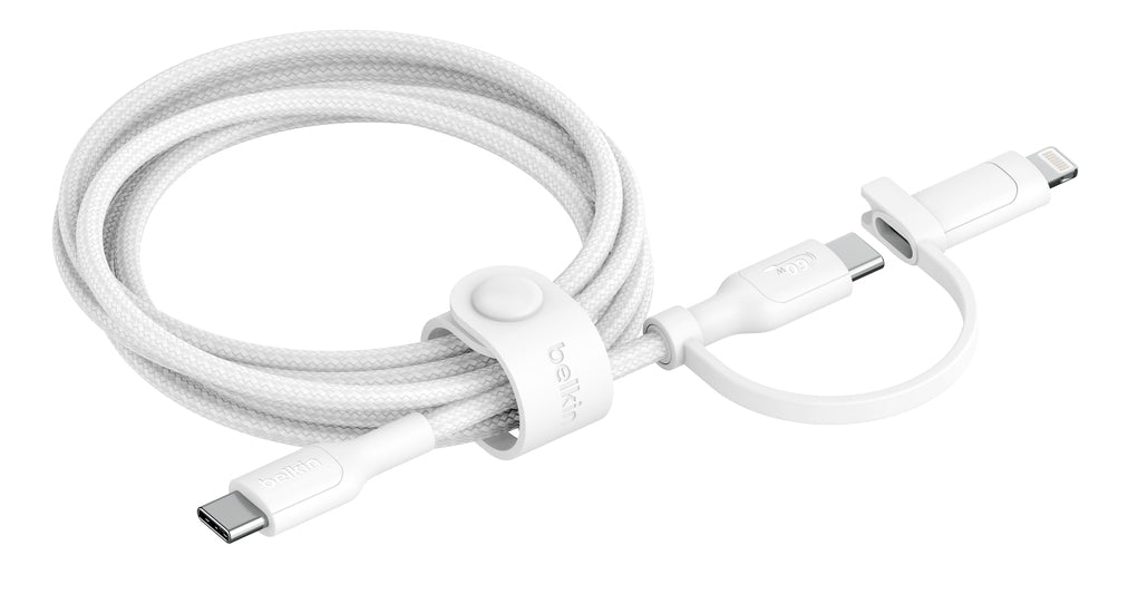 Belkin - Câble 2-en-1 tressé - USB-C vers USB-C/Lightning (60W) - 1,5 m - Blanc