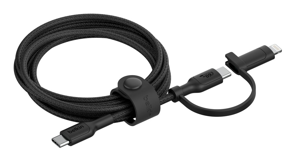 Belkin - Câble 2-en-1 tressé  - USB-C vers USB-C/Lightning (60W) - 1,5 m - Noir