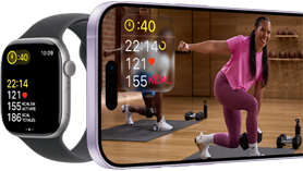 Apple Watch Series 11, boîtier en aluminium noir de jais, données de l’app Exercice, Bracelet Sport brume violette, vidéo d’un entraînement en cours de lecture sur l’iPhone jumelé