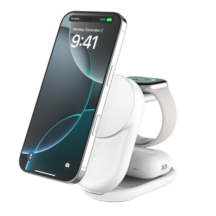 Belkin - Socle de recharge 3-en-1 aimanté et pliable - Qi2 25W - Blanc