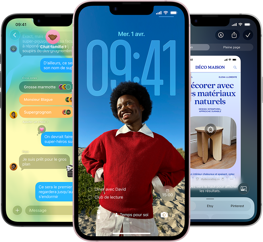 Trois iPhone 17e affichant l’app Messages avec le design Liquid Glass, l’écran verrouillé dynamique et Intelligence visuelle en cours d’utilisation