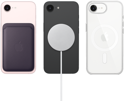 iPhone 17e rose pastel avec Porte-cartes en tissage fin violet nuit, iPhone 17e noir avec chargeur MagSafe, iPhone 17e blanc dans une coque transparente avec MagSafe