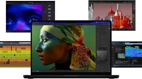 Différents contenus colorés affichés à l’écran dans des apps de production musicale, de montage vidéo, d’animation 3D et de retouche photo sur Mac, illustrant les puissantes performances graphiques
